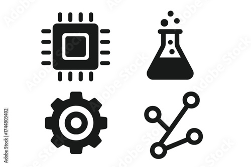 Technology and science icon set. Vector collection of processor, lab flask, gear, and network symbols. For concepts like research, innovation, engineering, biotechnology, data.
