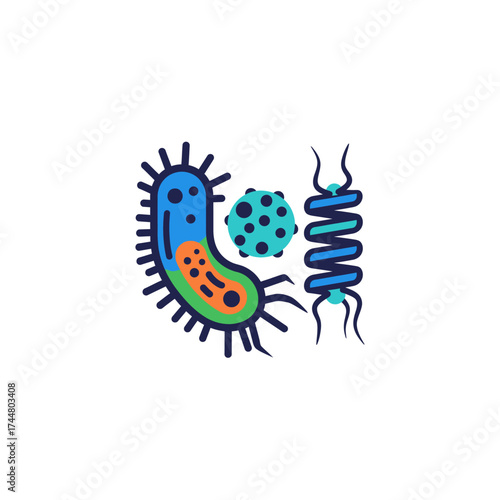 Illustration of three different types of bacteria, including a rod-shaped bacteria, a spherical bacteria, and a spiral bacteria.