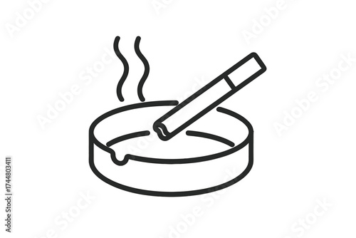 Burning cigarette in ashtray icon. Smoking area vector symbol. Unhealthy habit, nicotine addiction concept. Tobacco smoke, pollution, smoldering butt, health risk. Line art.