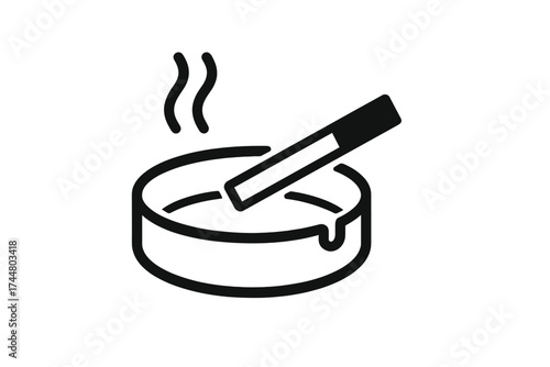 Burning cigarette in ashtray vector icon. Smoking area sign. Unhealthy habit, nicotine addiction, and tobacco concept. Public health, cancer and secondhand smoke danger symbol.