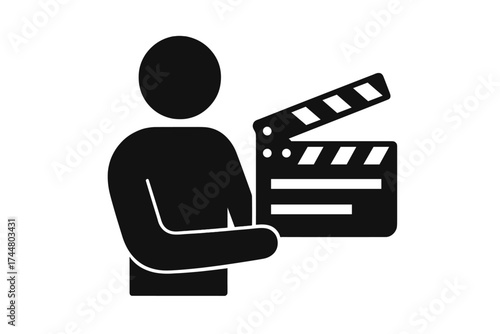 Casting concept icon with a person holding a clapperboard. Film production, cinema, movie audition symbol. Filmmaking, director, actor pictogram for a hollywood screen test.