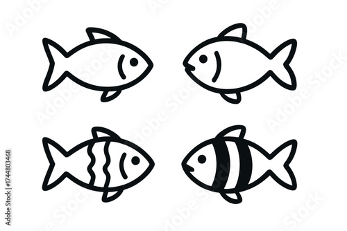 Set of four simple fish icons. Vector line art illustration collection for fishing logo, seafood restaurant menu, or marine life symbol. Minimalist aquatic animal outline design.