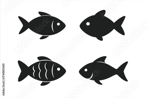 Fish icon set vector collection. Simple black fish silhouette symbol. Minimal flat design graphic element for logo. Aquatic animal illustration for fishing or seafood concept.