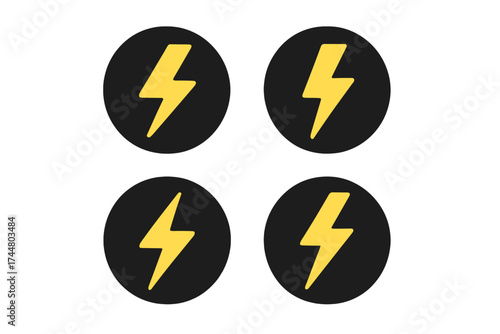 Lightning bolt vector icon set on round black buttons. Yellow flash symbol for electricity, power, charge, and energy concepts. Thunder strike graphic element for web design.