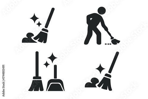 Cleaning service vector icon set. Broom sweeping floor pictogram. Janitor man at work. Dustpan, dirt, and sparkle symbols. Housekeeping, hygiene, and household chores.
