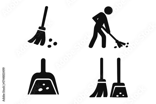 Cleaning service vector icon set. Broom and dustpan silhouette. Housekeeping and janitorial work symbols. Person sweeping floor. Hygiene, cleanup, and maintenance concept.
