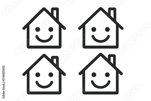 Happy home icon set. Simple line art of houses with smiley faces. Real estate and property concept. Customer satisfaction and positive feedback vector illustration for web and apps.