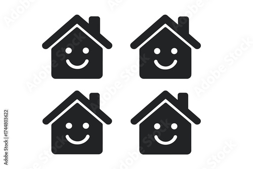 Happy home icon set. House with a smiling face for real estate and property business. Customer satisfaction, positive review, and best choice concepts. Vector illustration.