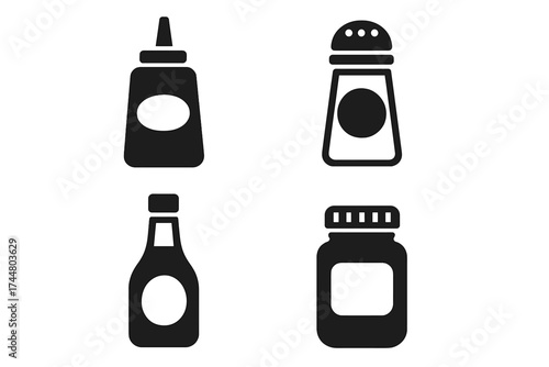 Condiment sauce and spice vector icon set. Kitchen essentials glyph collection with ketchup bottle, salt shaker, soy sauce, and seasoning jar for food and cooking design.