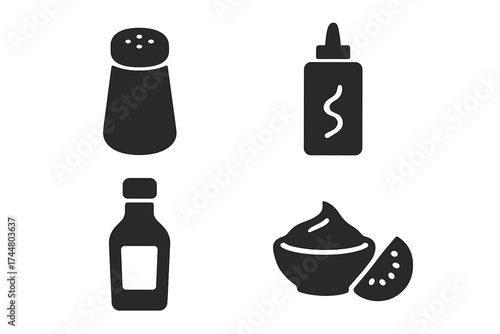 Condiment and sauce glyph icon set for cooking and dining. Vector silhouette collection includes salt, pepper shaker, ketchup, mustard squeeze bottle, soy sauce and dip.
