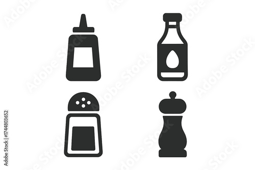 Condiment icon set. Salt shaker and pepper mill. Cooking oil vinegar bottle, ketchup mustard squeeze. Kitchen seasoning glyph. Food spice silhouette vector illustration.