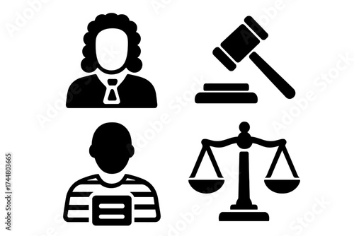 Law and justice icon set vector graphic. Includes judge, gavel, prisoner, and scales symbols. Legal concepts like court, trial, sentence, crime, verdict, and punishment.