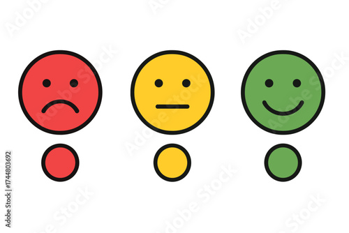 Customer feedback smiley icon set. Vector illustration for satisfaction rating. Mood emoticons for survey and review. Happy, neutral, and sad face expressions. Good and bad.