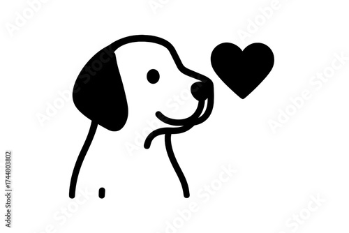 Dog and heart icon vector. Puppy love concept for pet care, veterinary clinic or animal shelter brand. Cute simple line art drawing of a happy dog. Animal lover symbol.