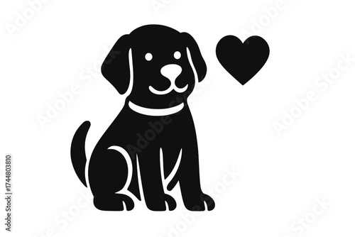 Dog with heart icon, pet love symbol vector. Cute puppy silhouette. Concept for animal care, veterinary, adoption. Simple minimalist graphic logo for animal shelter or charity.