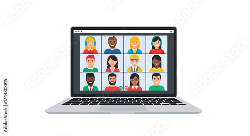 A laptop screen displays a video conference call with twelve participants in a grid layout.