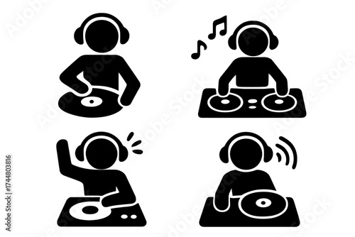 DJ icon set vector illustration. Disc jockey with headphones at turntable mixing music. Entertainment concept for party, club, and festival. Silhouette pictogram glyph collection.
