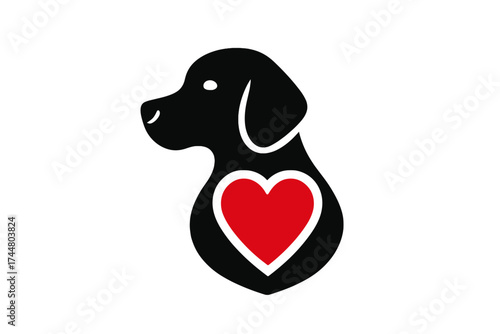 Dog with heart logo. Pet love icon. Animal care & adoption concept. Vector for veterinary clinic, shelter or charity. Labrador silhouette passion. Healthy puppy graphic symbol.