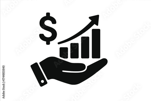 Profit growth vector icon with hand holding increasing bar chart and dollar sign. Financial success, investment revenue, economy rise, and market growth concept illustration.