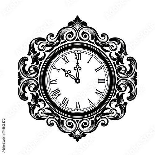 Ornate Clock with Roman Numerals and Decorative Frame.