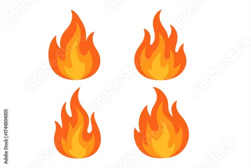 Fire flame vector isolated on white. Cartoon flat design icon set. Hot heat bonfire symbol. Burning campfire element. Danger energy power concept. Red orange graphic element.