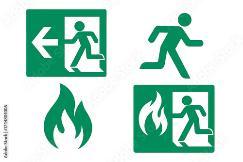 Fire exit sign collection. Emergency evacuation route symbol set. Running man pictogram. Green warning icons for safety instructions. Escape door and flame symbols. Vector illustration.