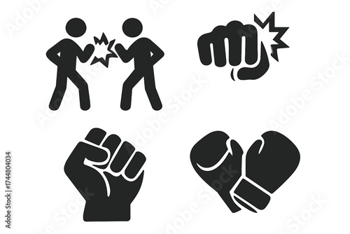 Fight icon set. Conflict, argument and aggression symbol. Violence and protest sign. Punching fist, raised hand and boxing gloves. Vector illustration pictogram collection.