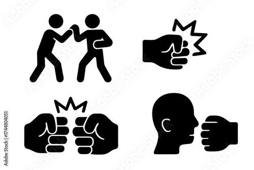 Fighting and violence black glyph icons set. Aggression, conflict and assault. Punch in the face. Fist bump. Boxing match. Combat pictogram. Silhouette symbols.