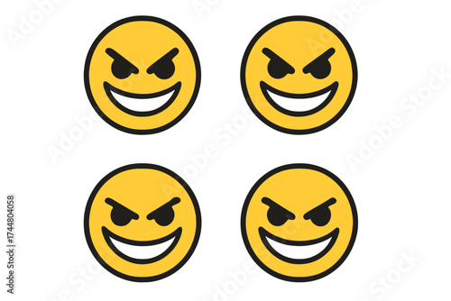 Evil smile face vector icon set. Mischievous, cunning, angry emoji character. Devilish grin emoticon symbol for bad emotion. Villain concept. Sly tricky cartoon face design.
