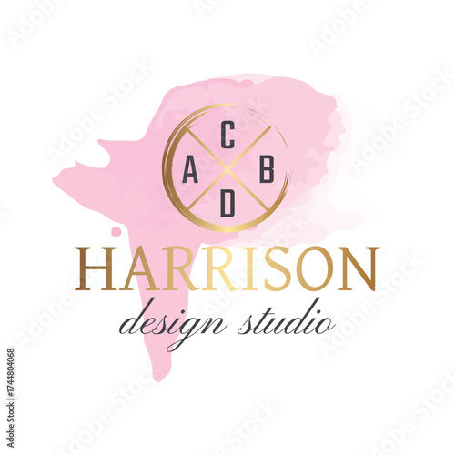 A luxurious logo featuring a gold circular emblem, set against a soft purple watercolor splash