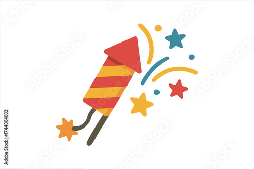 Firecracker rocket celebration flat vector icon. Festive firework exploding with stars for New Year or 4th of July party. Petard graphic isolated on transparent background.