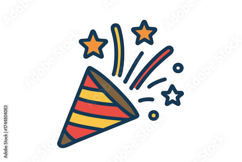 Party popper exploding with confetti and stars. Firecracker celebration flat vector icon. Festive graphic for birthday, New Year's Eve, holiday event. Isolated surprise element.