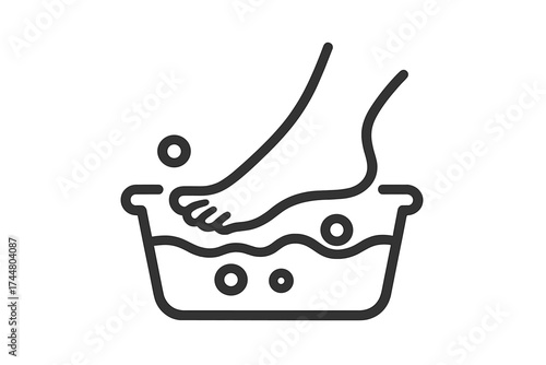 Foot bath line icon. Pedicure and spa treatment symbol. Soaking foot in water basin for hygiene and relaxation. Skincare and wellness concept. Vector illustration isolated.