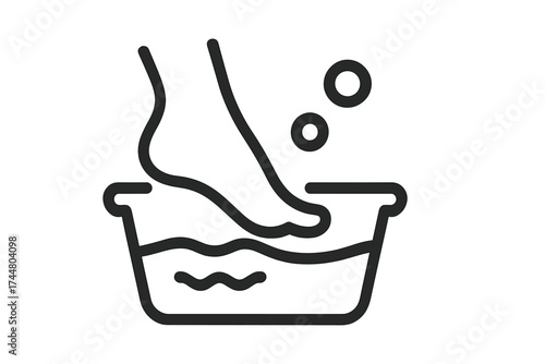 Foot bath icon for spa and beauty salon. Pedicure and foot care treatment concept. Leg soaking in water basin for relaxation, hygiene and wellness. Skin care vector symbol.