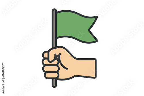Hand holding green flag vector icon. Concept of success, achievement, start, goal, mission accomplished. Go signal, approval symbol, victory, positive motivation sign.