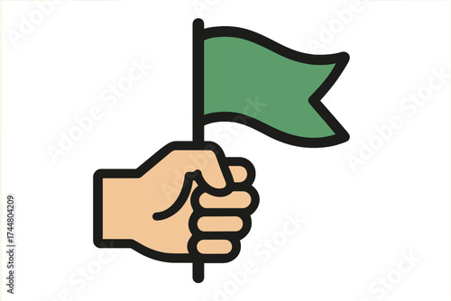 Hand holding a green flag. Vector icon symbol for success, go, start, approval, and permission. Graphic element for goal achievement, victory, positive result, and completion.
