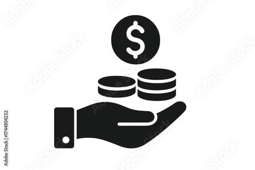 Hand with coins icon, saving money concept. Vector illustration for finance, investment, and income. Symbol for payment, salary, credit, or profit. Financial growth and wealth.