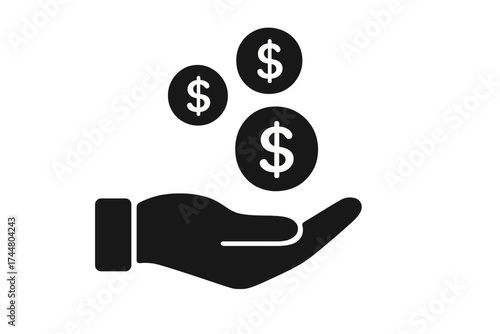 Hand with coins vector icon. Saving money, salary, payment concept. Business finance symbol for income, earnings, investment, wealth, and donation. Flat cash sign illustration.