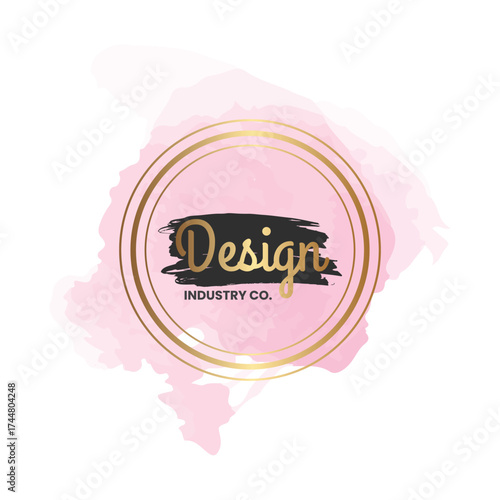 A luxurious logo featuring a gold circular emblem, set against a soft purple watercolor splash