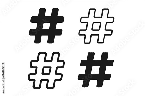 Hashtag icon set for social media. Black pound sign symbol for tagging posts, blogs, and marketing. Vector graphic illustration of a tag for communication and web trends.
