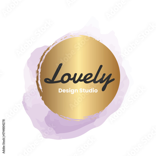 A luxurious logo featuring a gold circular emblem, set against a soft purple watercolor splash