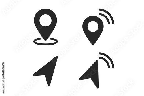 Location pin and navigation cursor icon set. Live GPS tracking and position marker symbol. Vector illustration for map destination, direction, and real-time route finding.