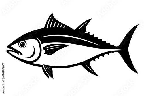 Tuna fish vector logo icon. Black and white graphic illustration for seafood restaurant or fishing market. Marine animal symbol, simple stencil design for business branding.