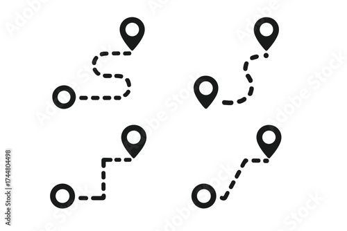 Map route icon set. GPS navigation path from start point to destination pin. Location marker for tracking distance. Roadmap journey and travel direction symbol collection. Vector.