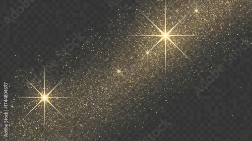 Abstract golden glitter sparkles and stars on a dark background, creating a magical, dreamy, and festive atmosphere for design elements and celebrations.