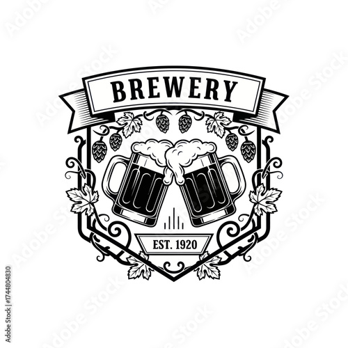 Vintage brewery emblem with clinking beer mugs and hops.