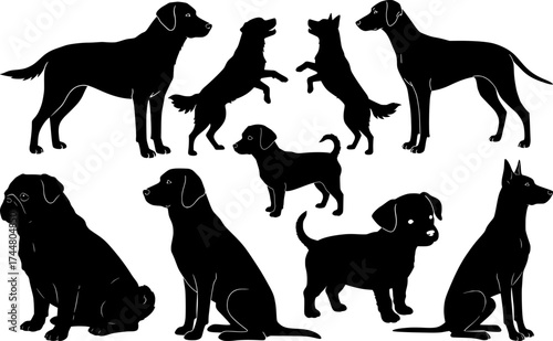 Eight dog silhouettes showing different breeds and sizes sitting standing and small medium large canines set