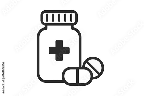 Medicine pills and bottle icon. Vector illustration for pharmacy, healthcare, and medical concepts. Drug, supplement, vitamin container with tablets and capsules for treatment.