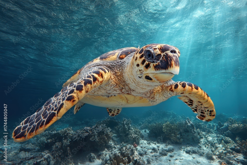 Fototapeta premium Hawksbill sea turtle swims gracefully through clear ocean waters, showcasing vibrant colors and unique shell patterns amidst coral reef habitat