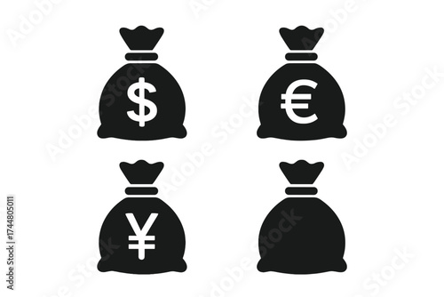 Money bag vector icon set with dollar, euro, yen currency symbols. Financial collection representing wealth, savings, banking, investment, and payment. Flat cash sack design.